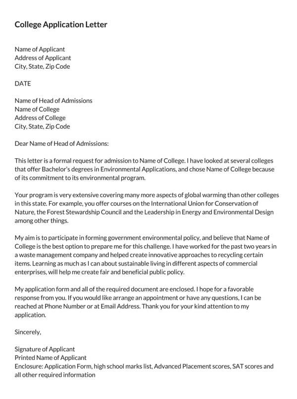 example of an application letter for college