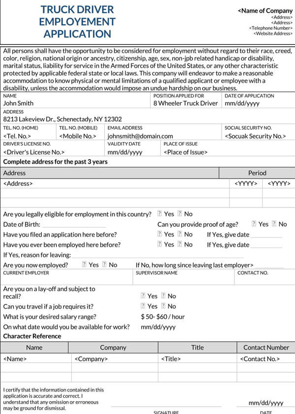 Printable Truck Driver Employment Application Template Printable Free