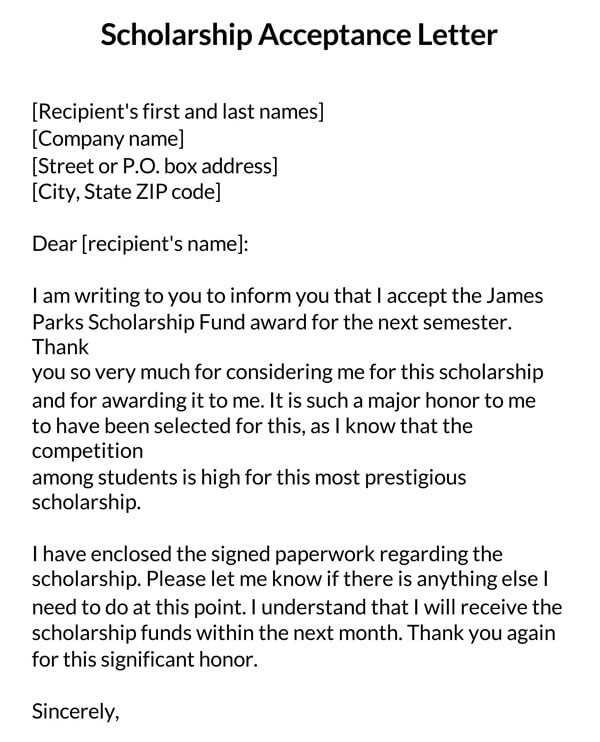 Scholarship Acceptance Letter (With Samples) Word Layouts