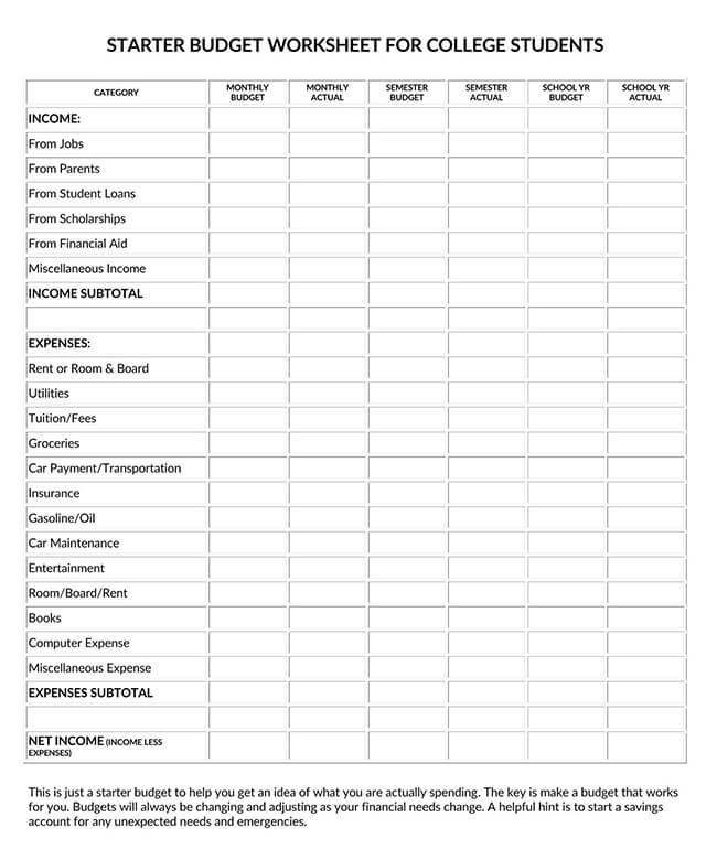 free college budget plan template