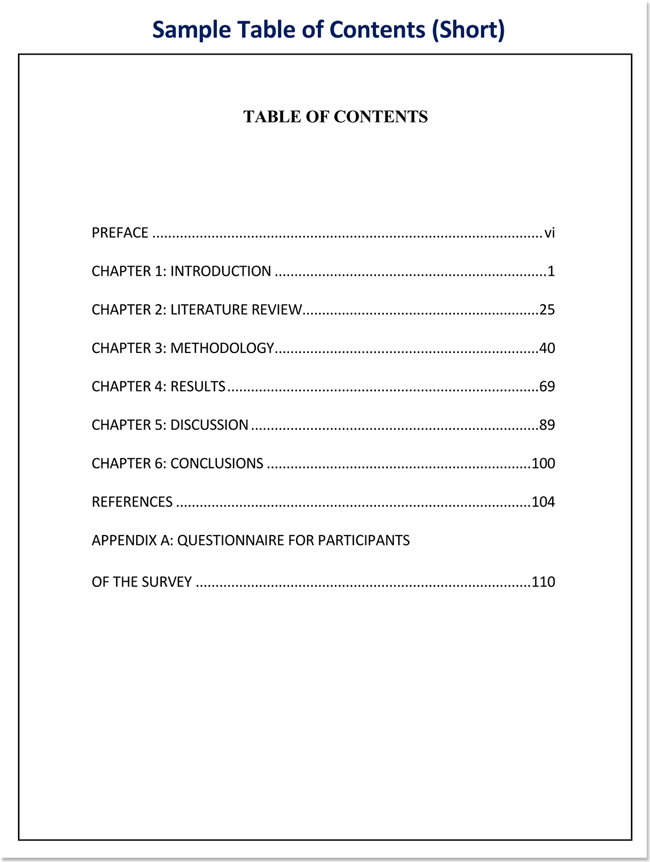 table of contents template for assignment