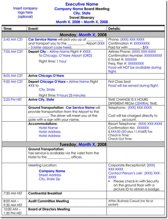 example of business travel itinerary